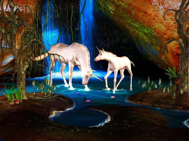 Unicorns at Waterfall — Blue