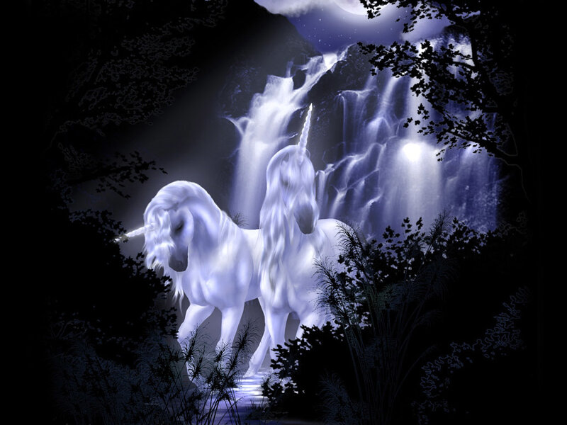 Unicorns by a waterfall