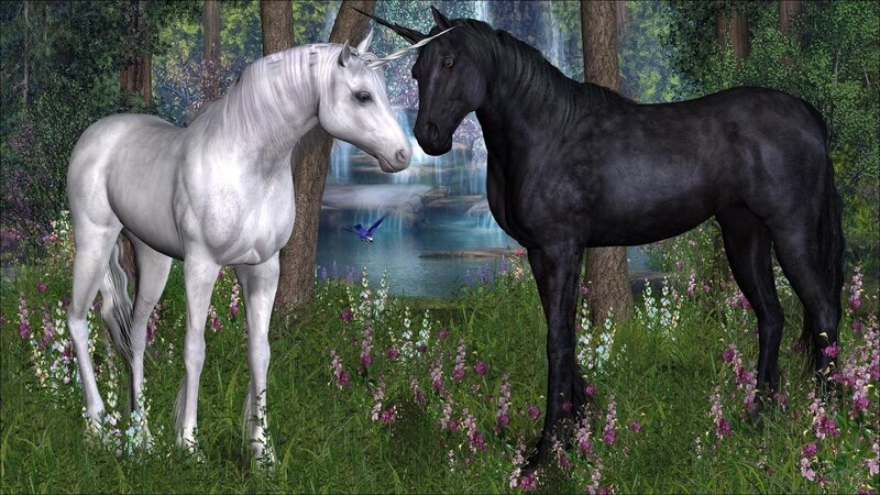 Unicorns in a forest clearing