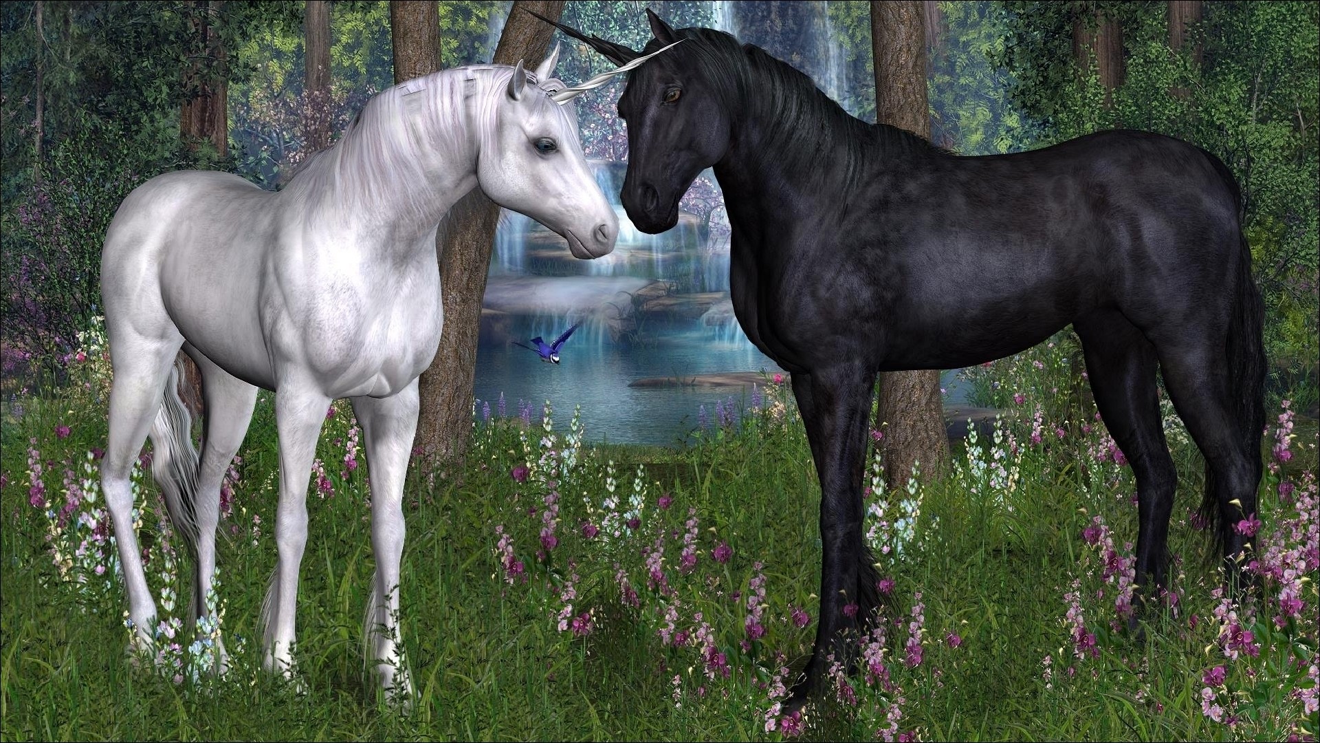 Unicorns in a forest clearing
