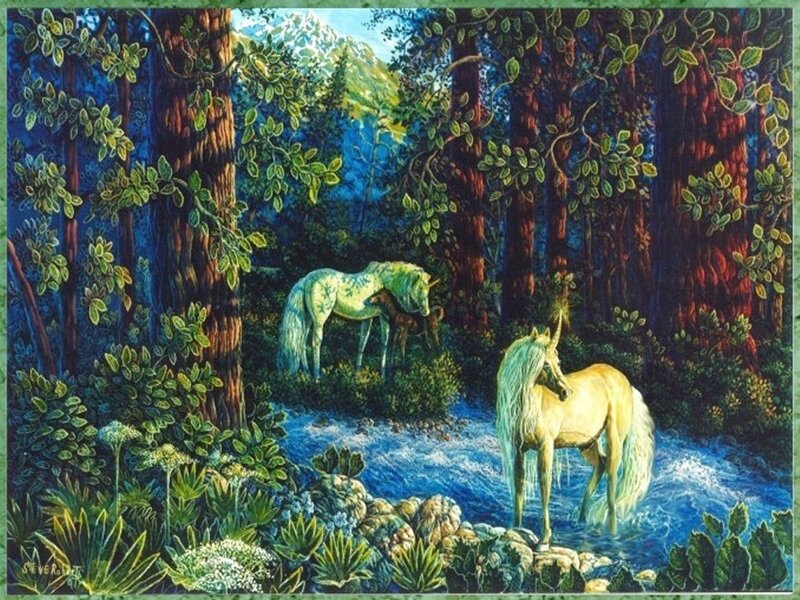 Unicorns in a forest stream