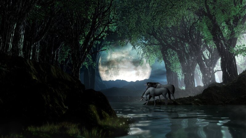 Unicorns in a moonlit forest