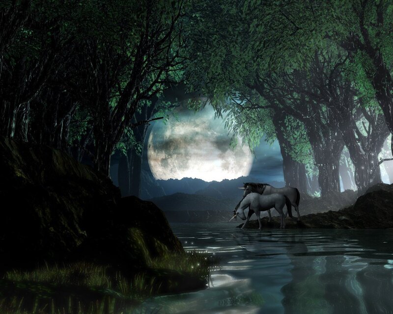 Unicorns in a moonlit forest