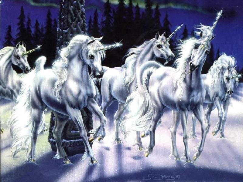 Unicorns in a snowy forest