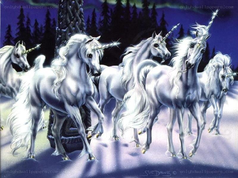 Unicorns in a snowy forest