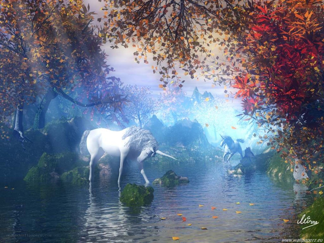 Unicorns in autumn forest