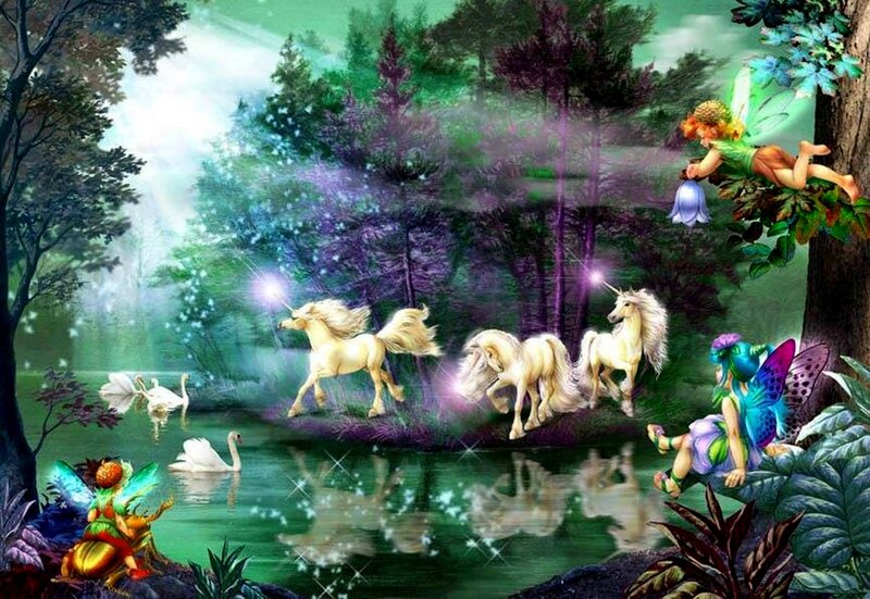 Unicorns in Forest — Green, Magical, Night