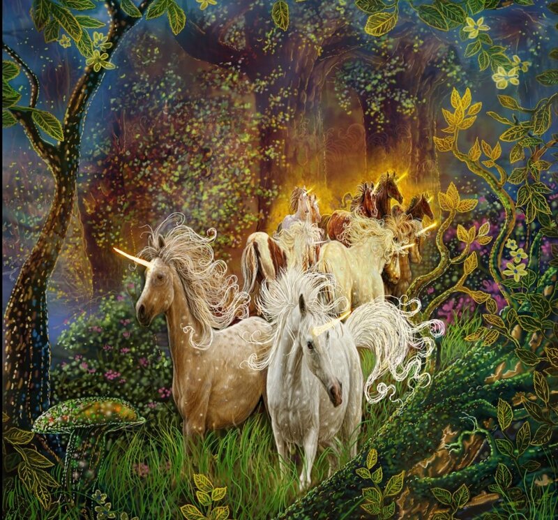 Unicorns in Forest — Green, Magical