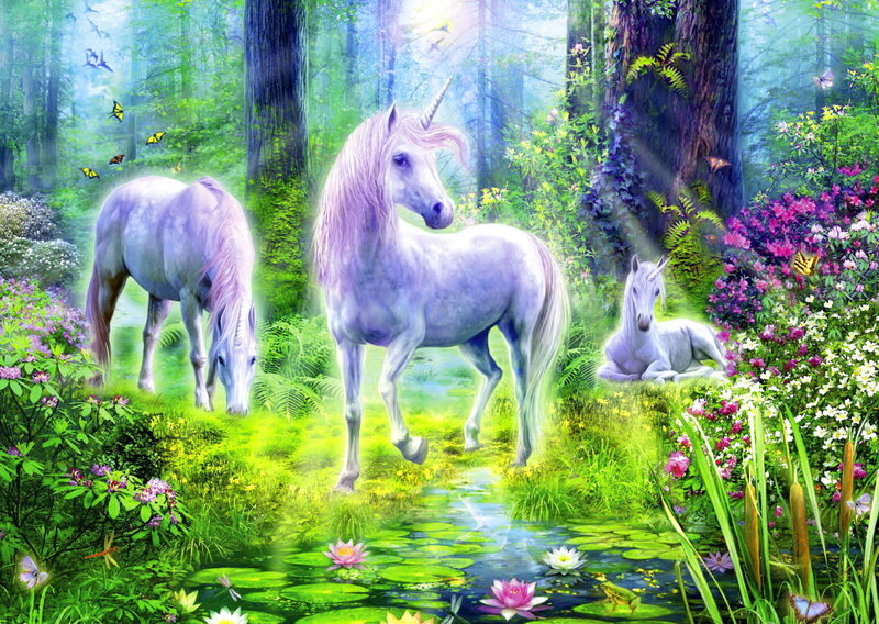 Unicorns in Forest — Green, Serene, Morning