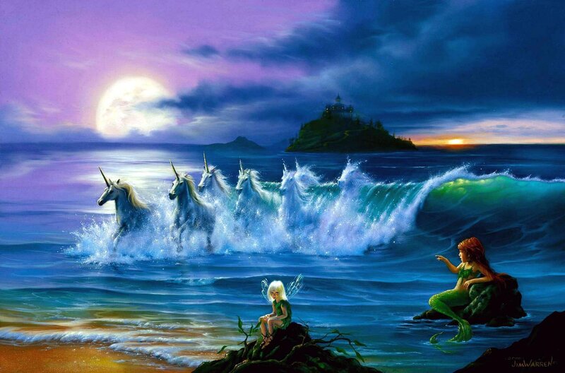 Unicorns in Ocean — Blue, Fantasy