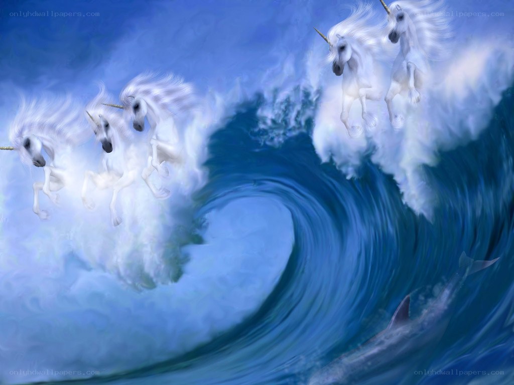 unicorns riding ocean wave