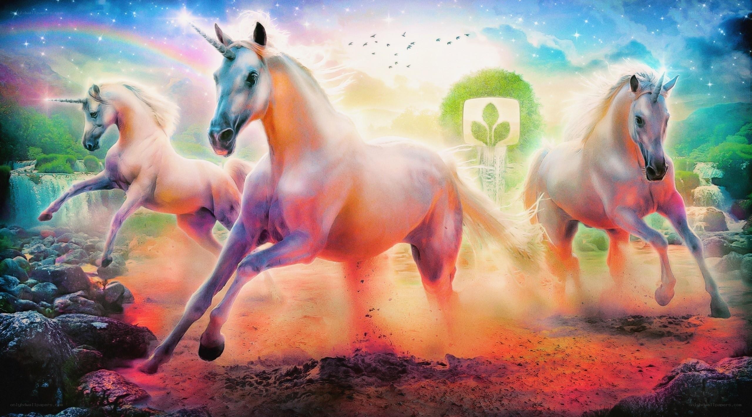 Unicorns running in a magical landscape