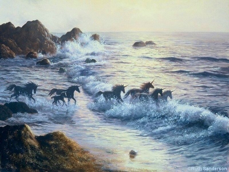 Unicorns Running in Ocean — Blue