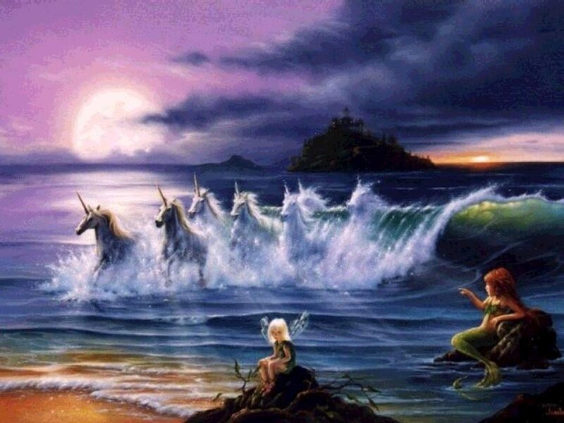 Unicorns Running in Ocean