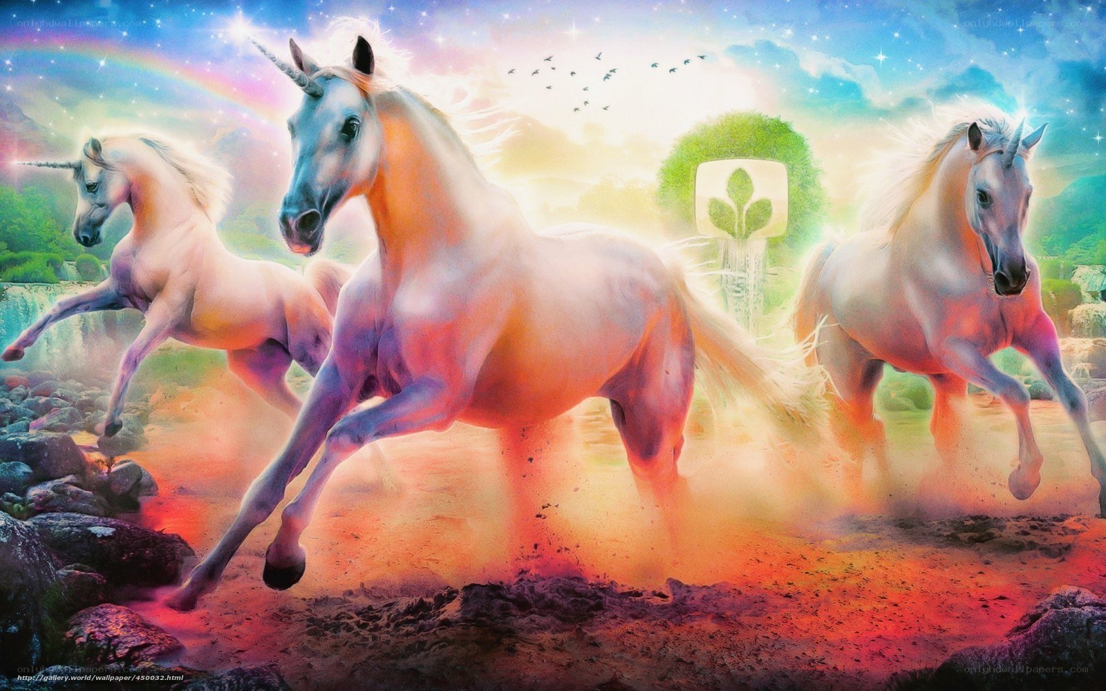 Unicorns running in rainbow light