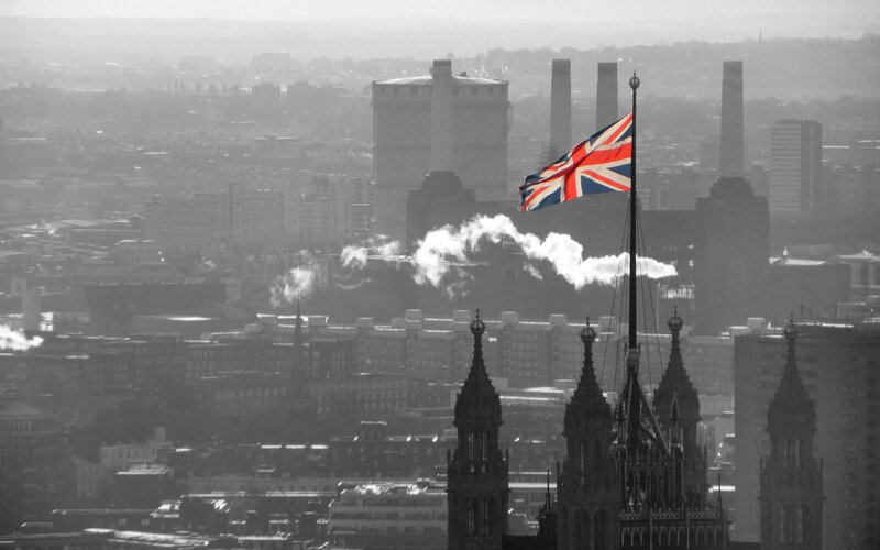 Union Jack Flag over City
