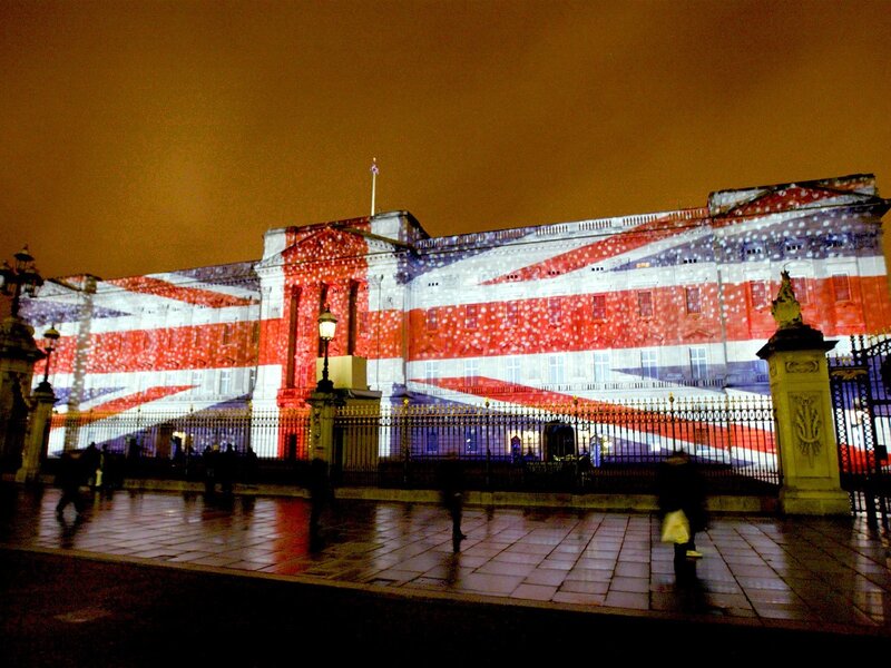 Union Jack projected on Buckingham Palace