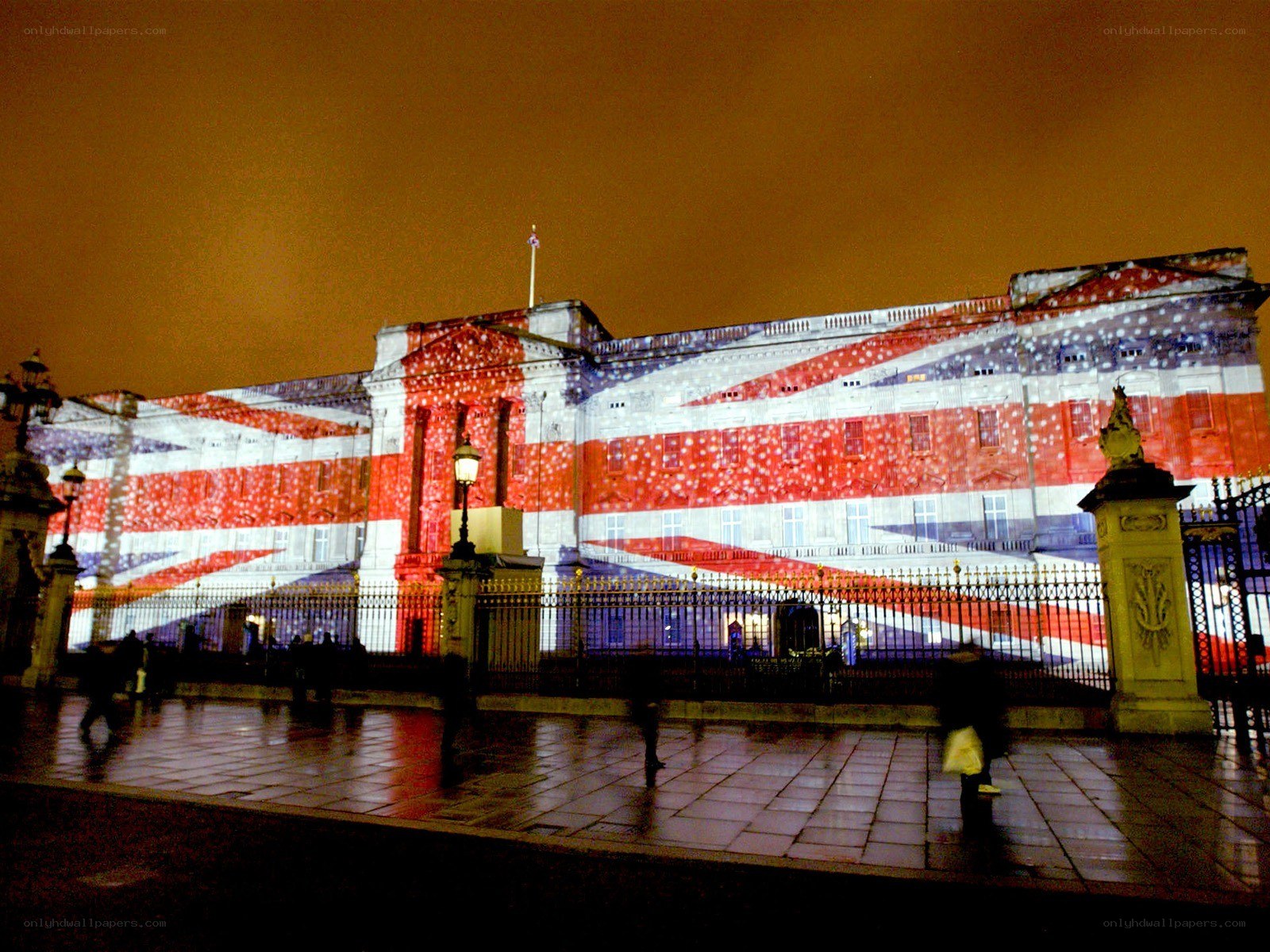 Union Jack projected on Buckingham Palace