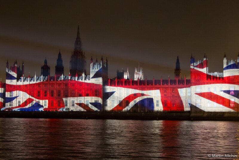 Union Jack projected on Parliament