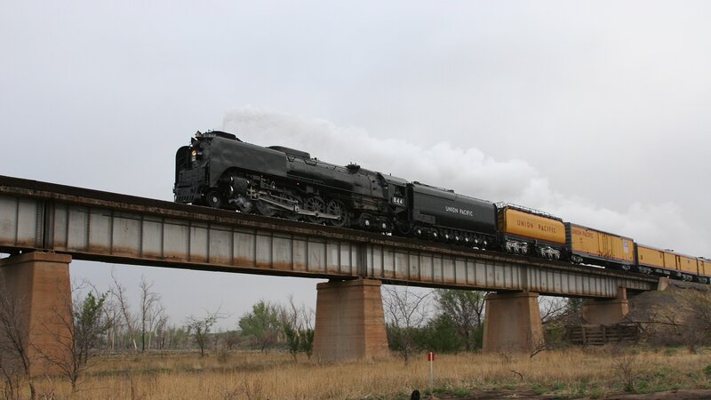 Union Pacific steam train on bridge