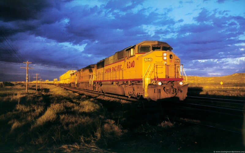 Union Pacific train at dusk