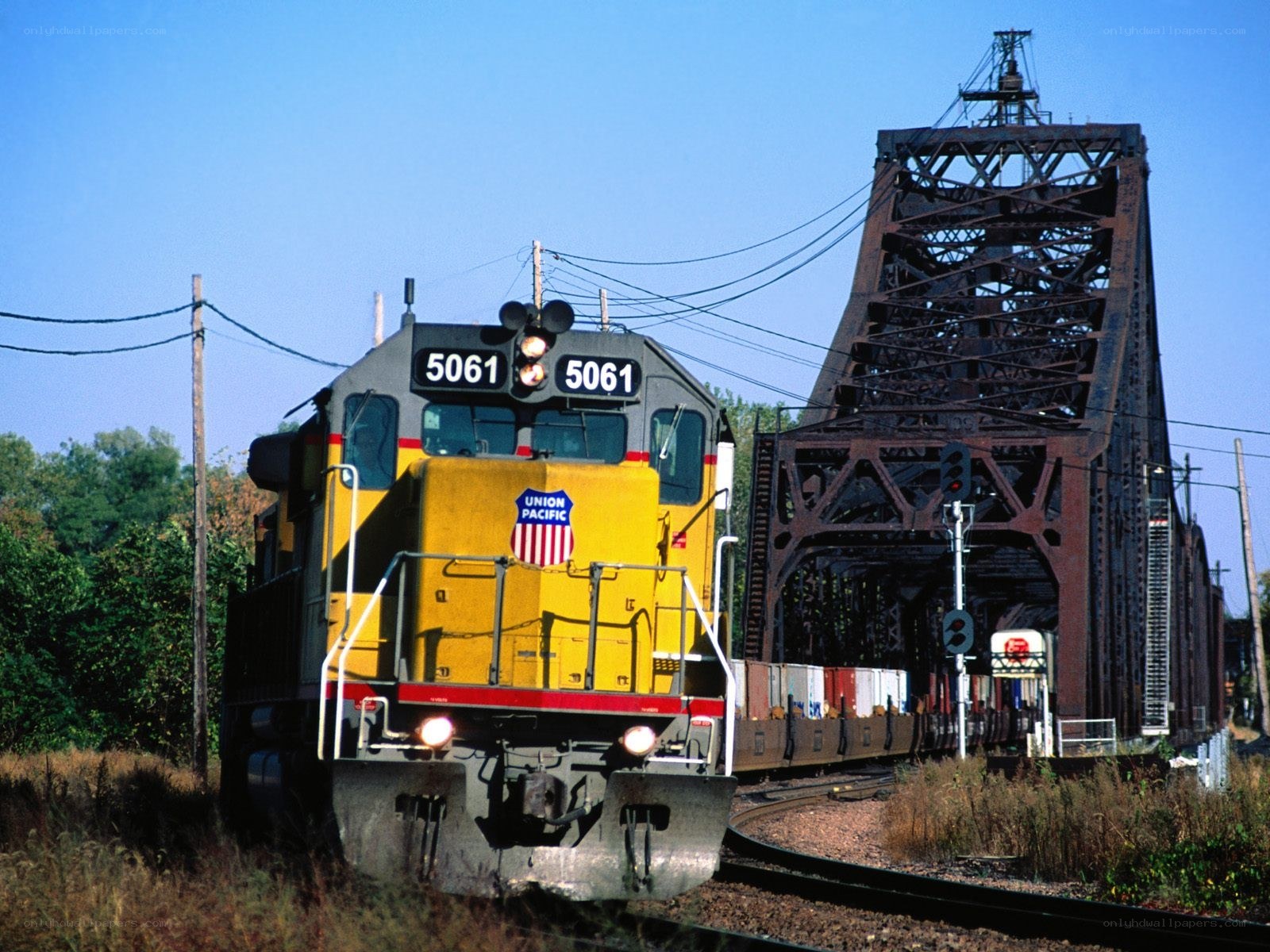 Union Pacific train crossing bridge