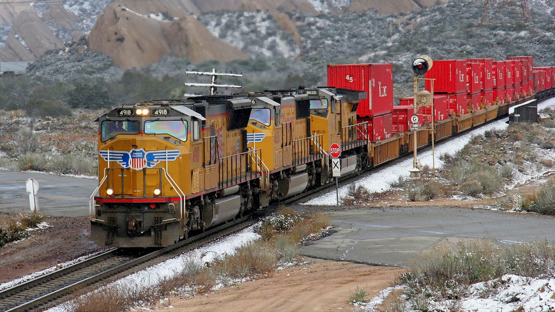 Union Pacific train in snowy landscape