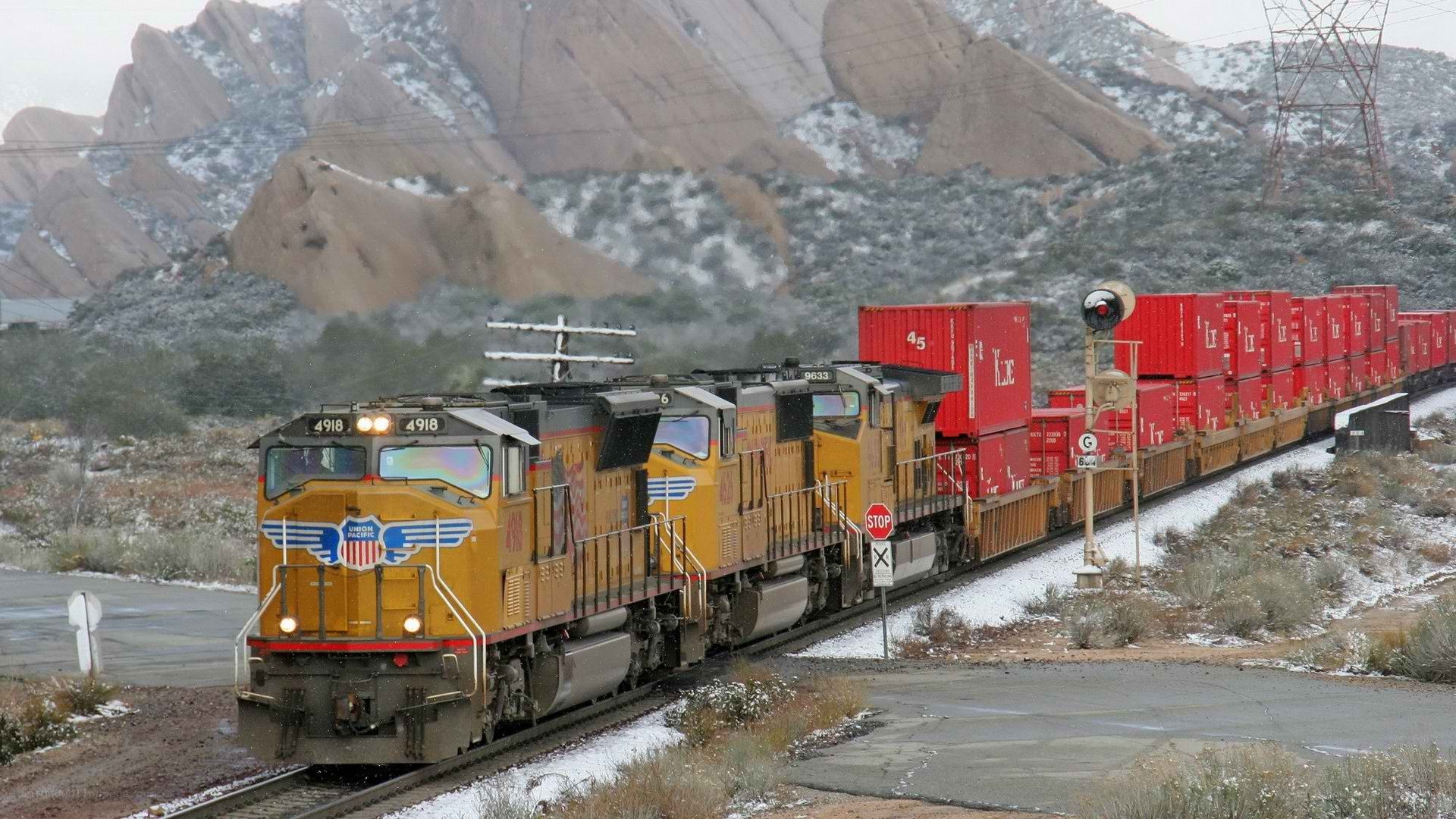 Union Pacific train in snowy landscape