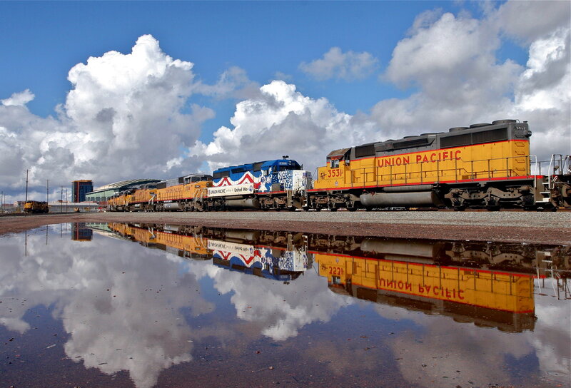 Union Pacific trains in reflection