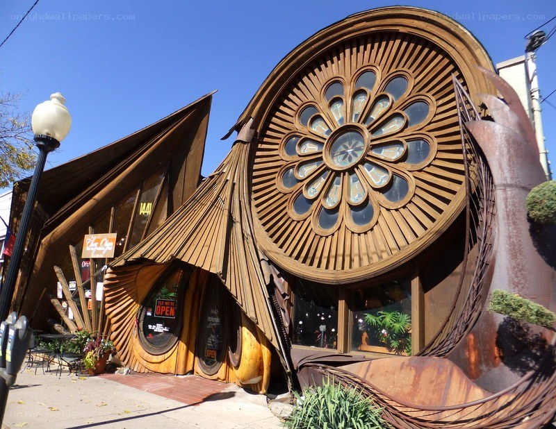 Unique wooden building with rose window