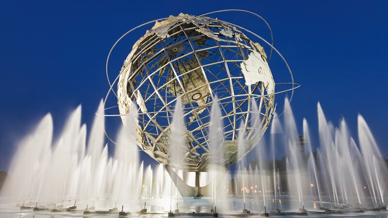 Unisphere with fountains at night