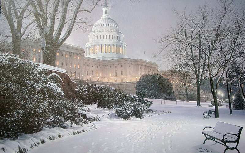 United States Capitol Building — White, Serene, Winter, Painting