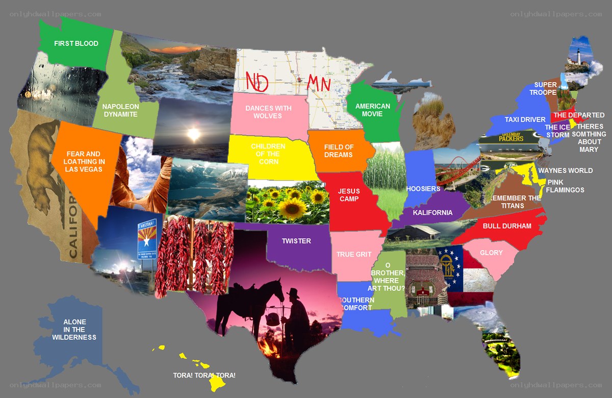 United States map with cultural references
