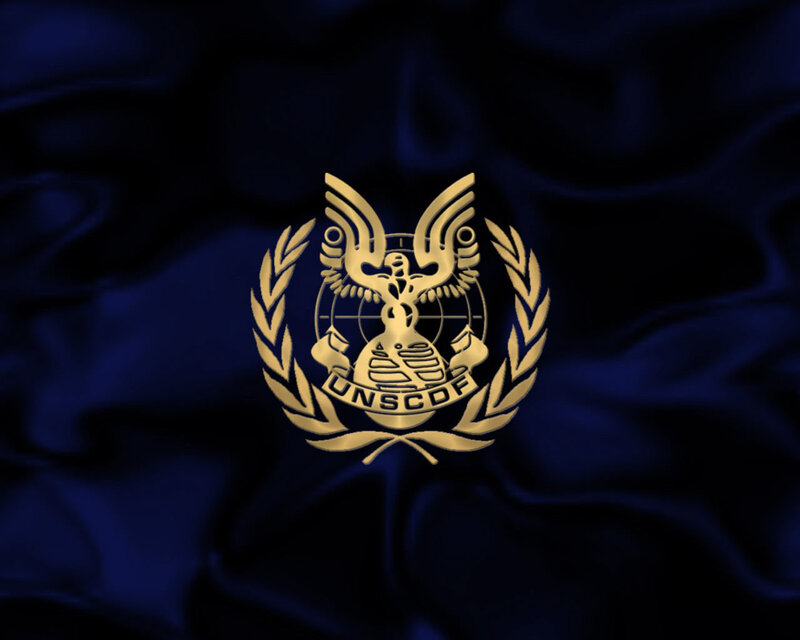 UNSCDF emblem on blue fabric
