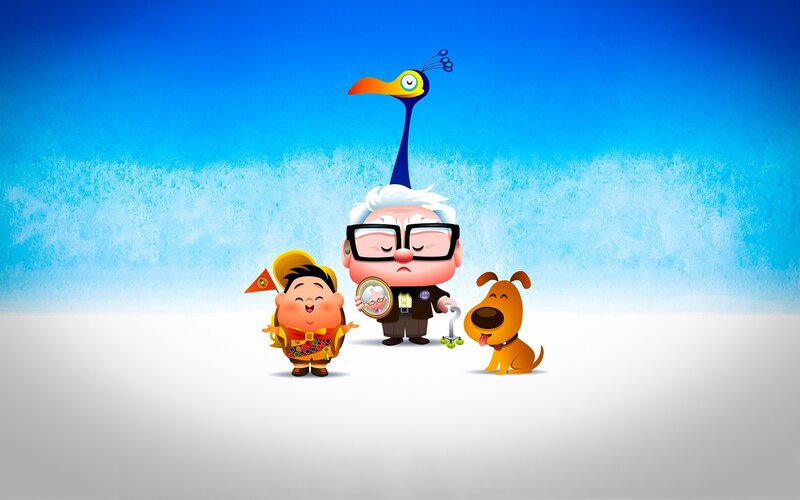 Up characters in snowy landscape