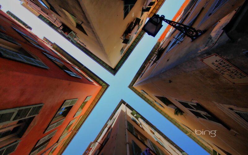 upward view of narrow street