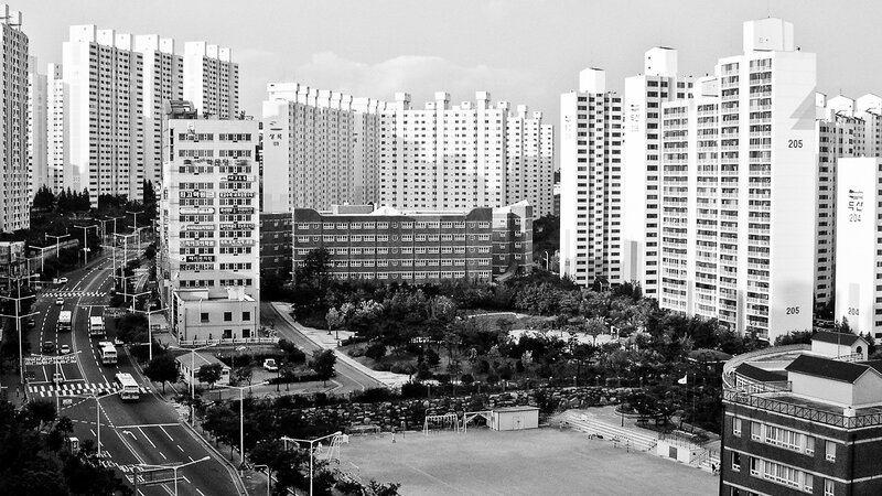 Urban apartment complex view