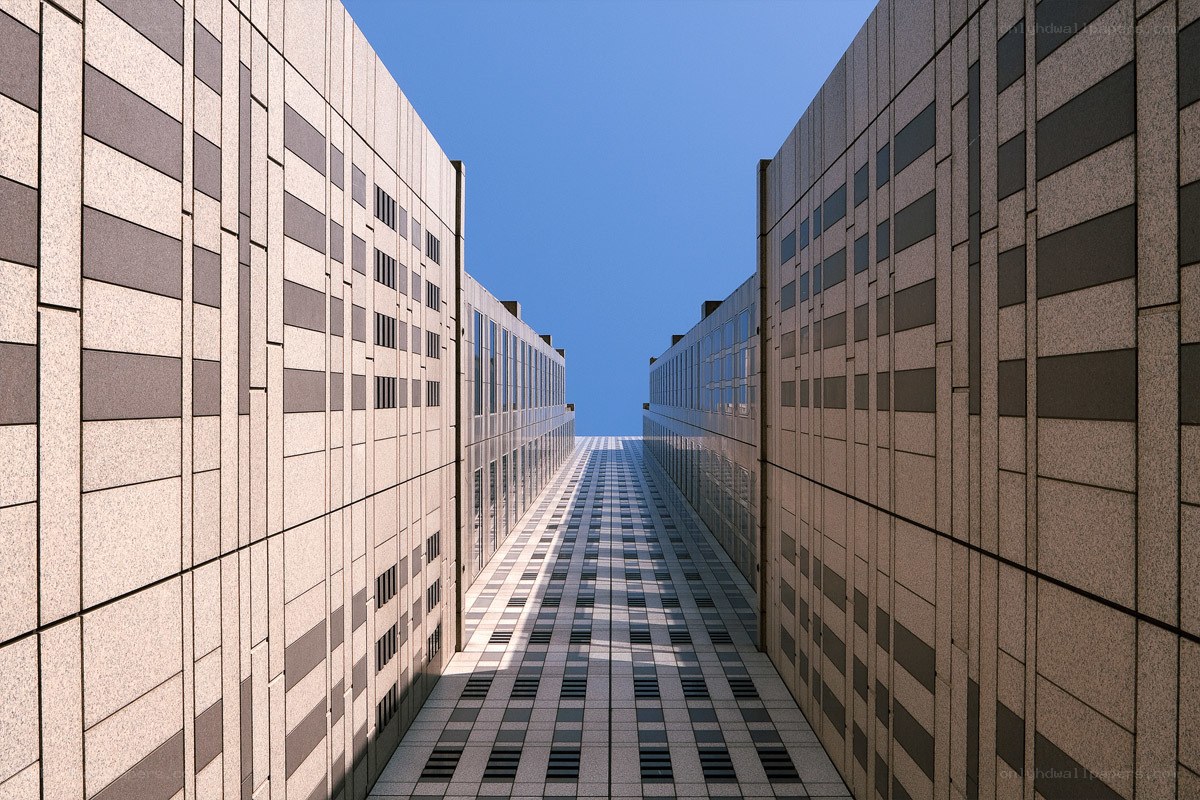 Urban canyon between modern buildings