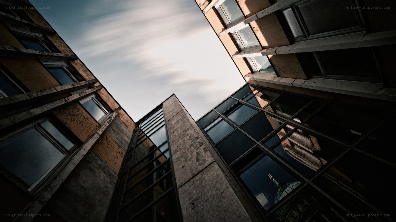 Urban canyon view from below