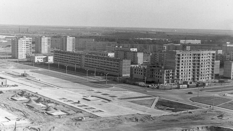 Urban construction site in Soviet-era city