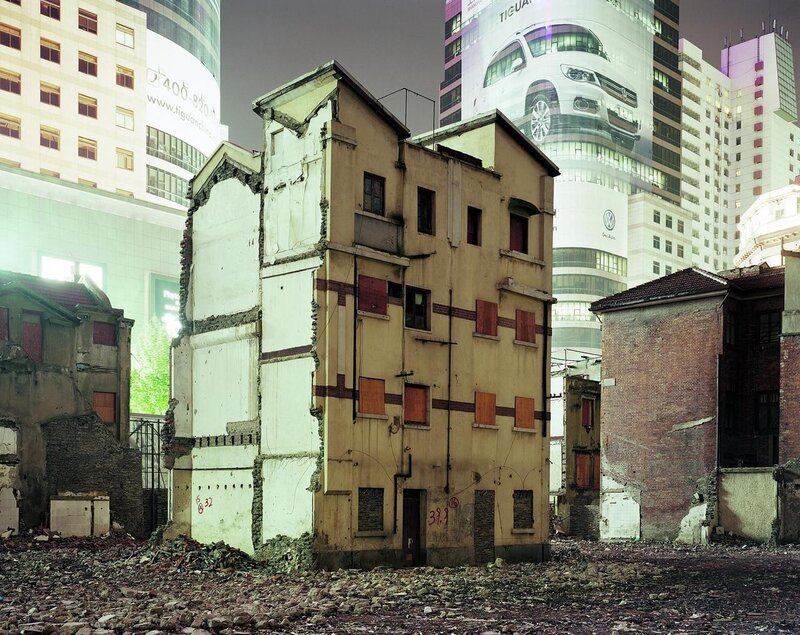 Urban demolition site with modern buildings