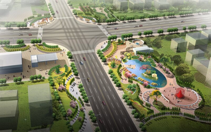 Urban park and road intersection design