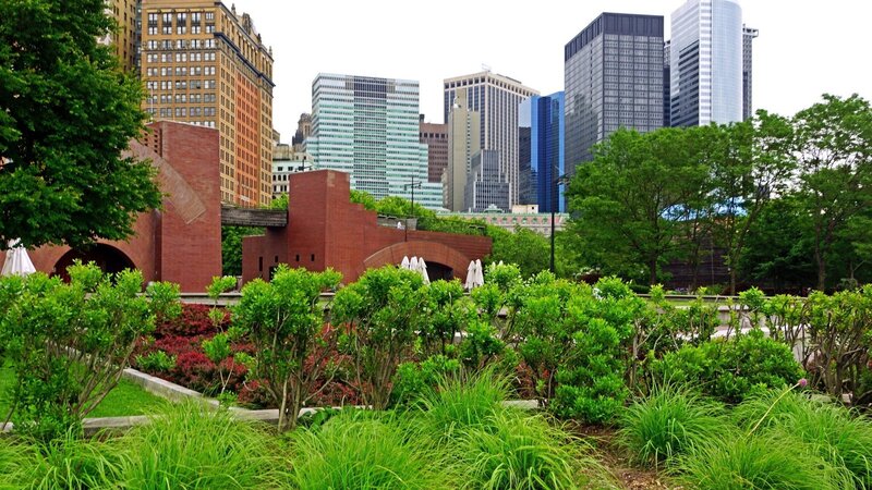 Urban park with city skyline