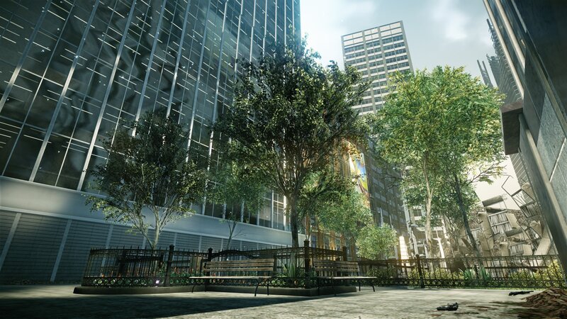 Urban park with damaged buildings