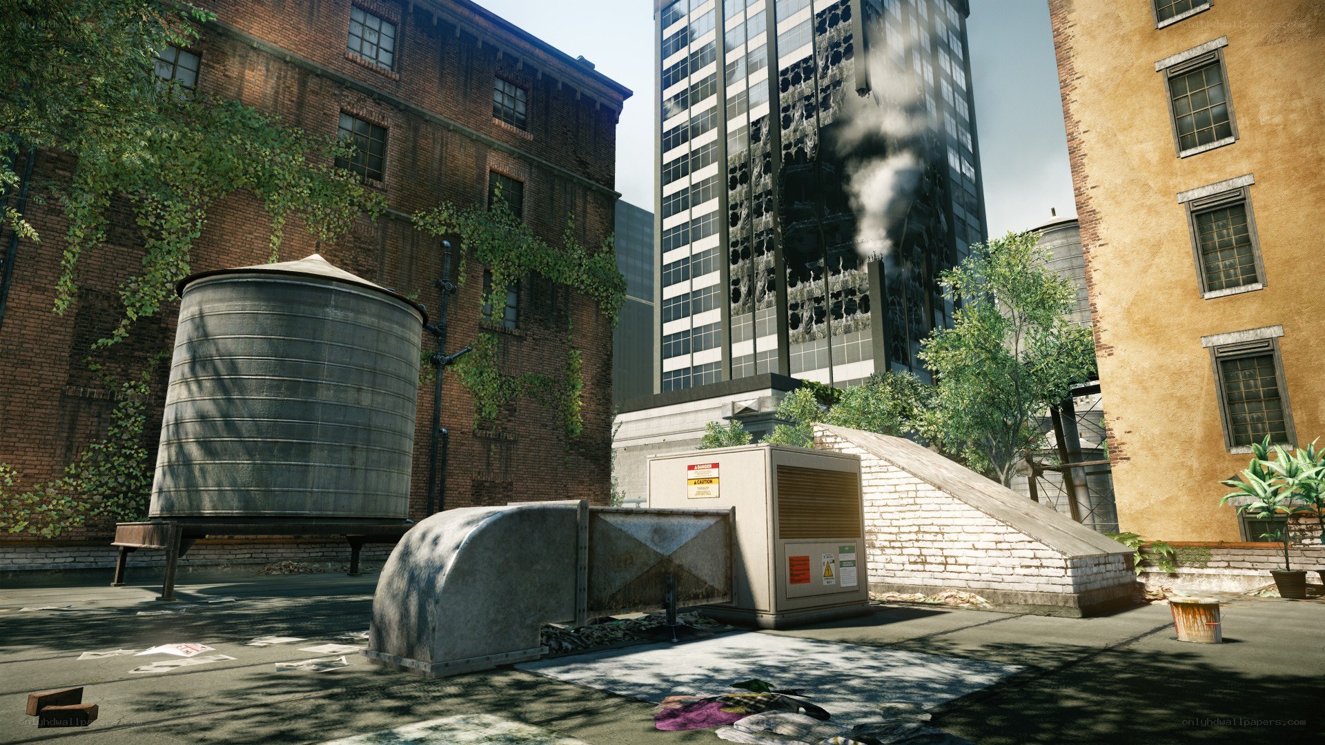 Urban rooftop with damaged building