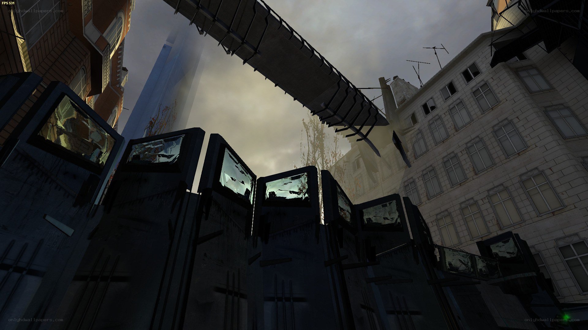 Urban ruins with broken screens