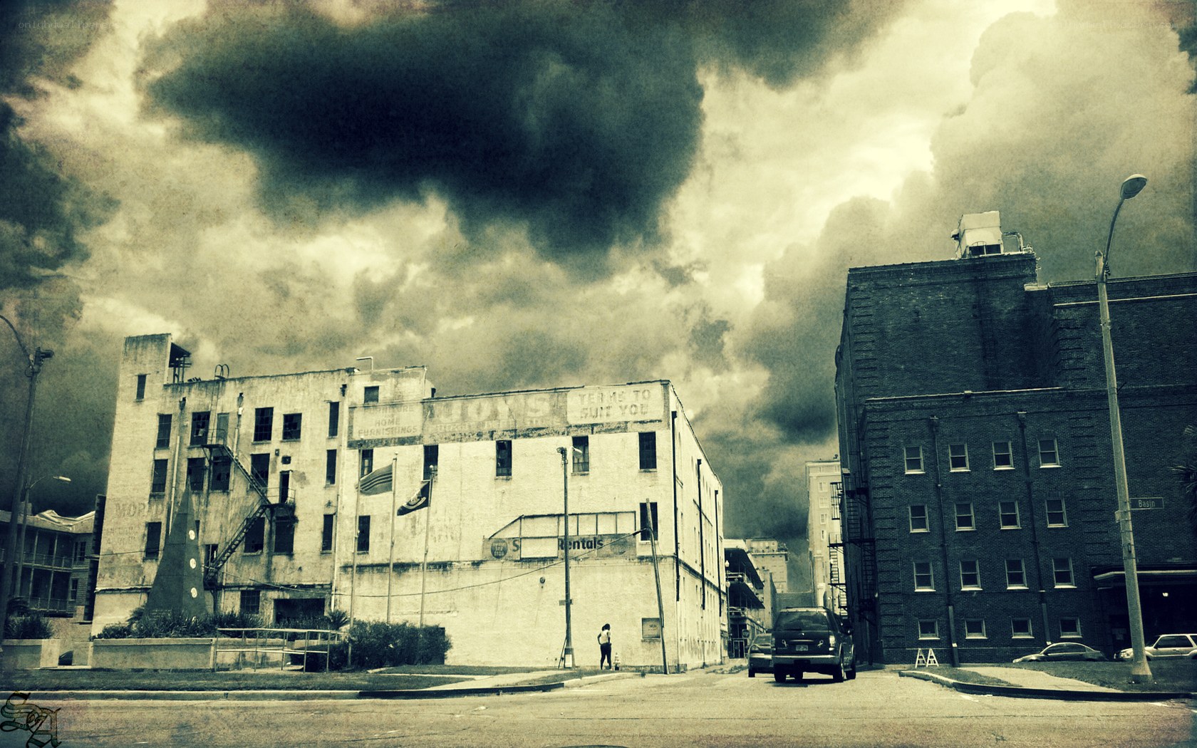 Urban scene under stormy sky
