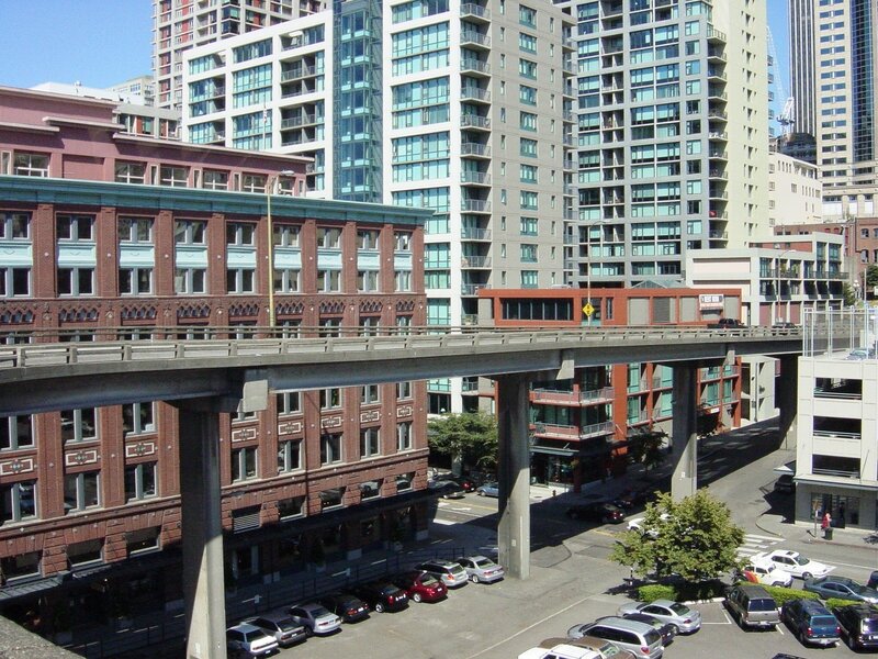 Urban scene with elevated train track