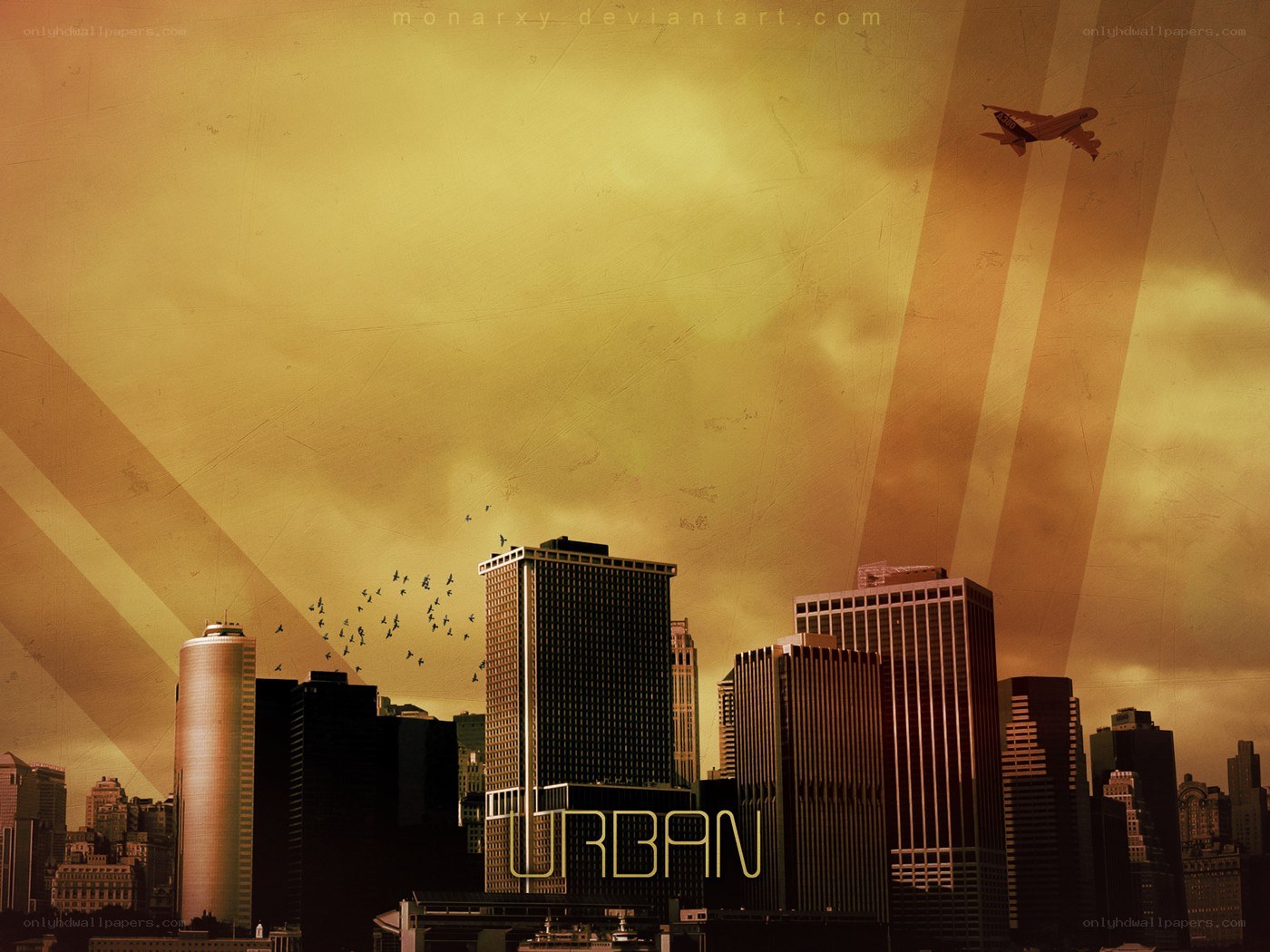 Urban skyline at sunset