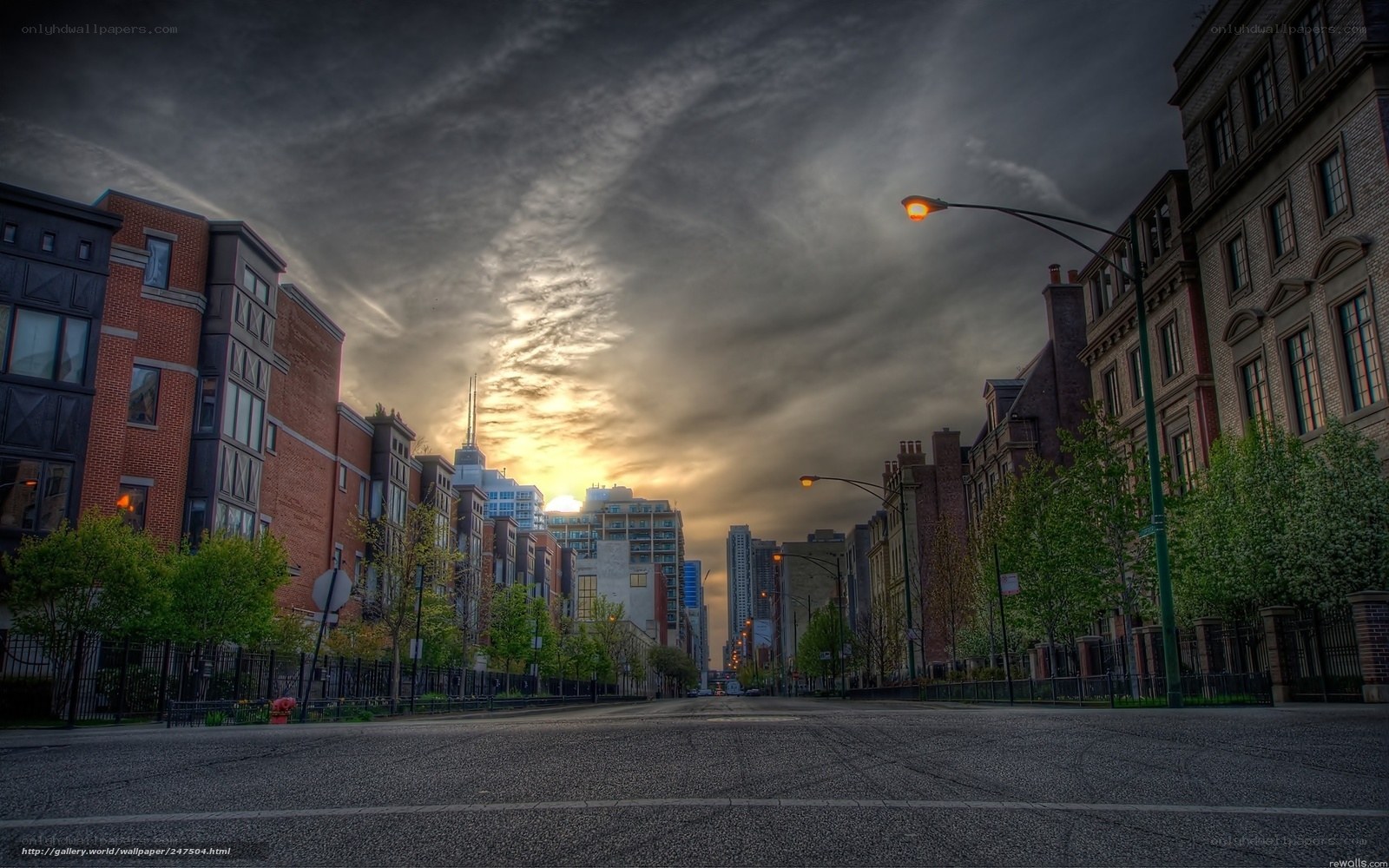 Urban street at sunset